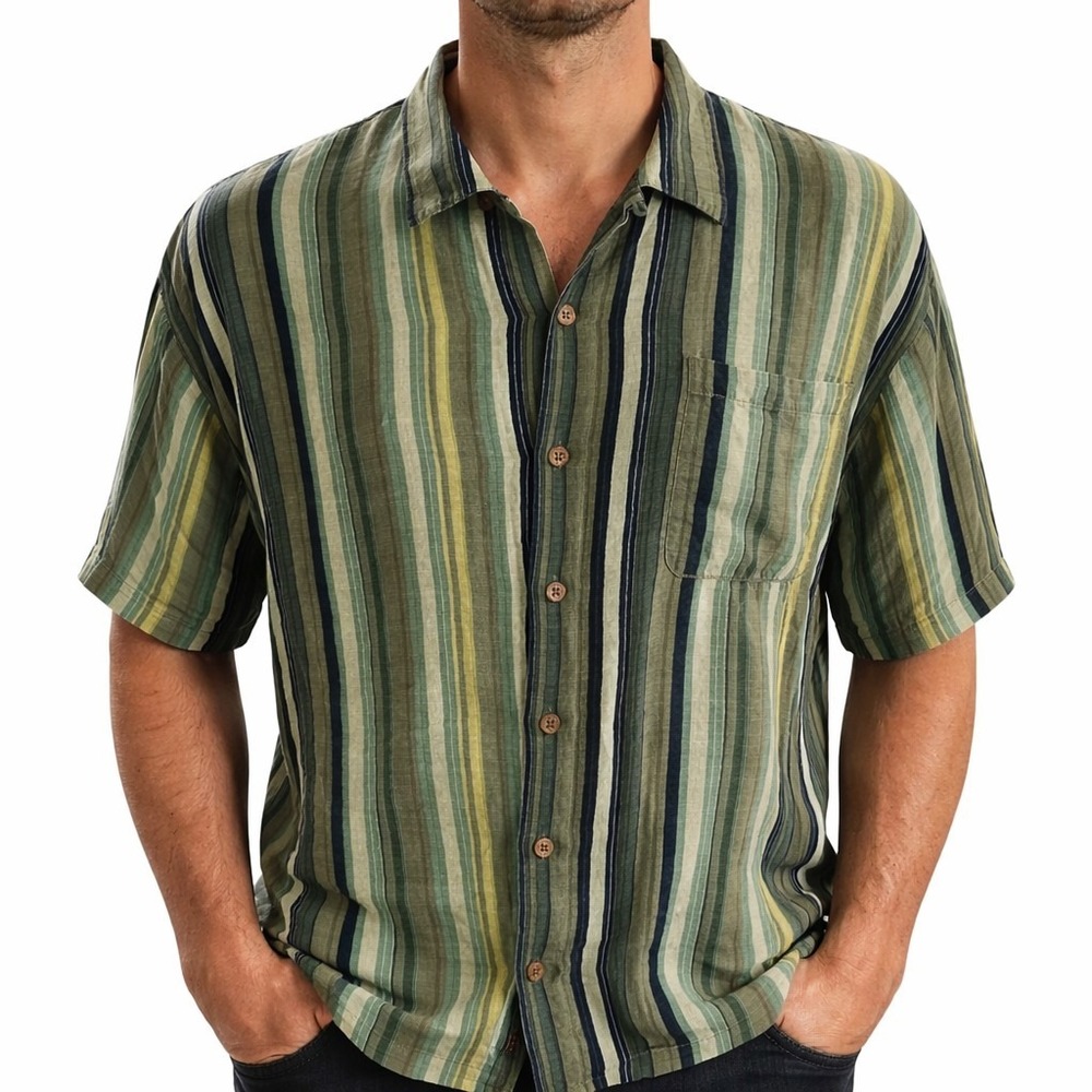 Tommy Bahama Shirt 2XL Striped Olive-Green Black Yellow Tan